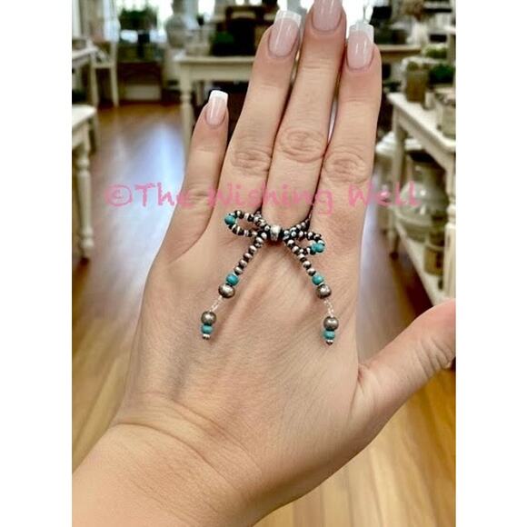 Ribbon Bow Turquoise Navajo Pearls Stretch Bead Ring Sterling 925 - Picture 2 of 3